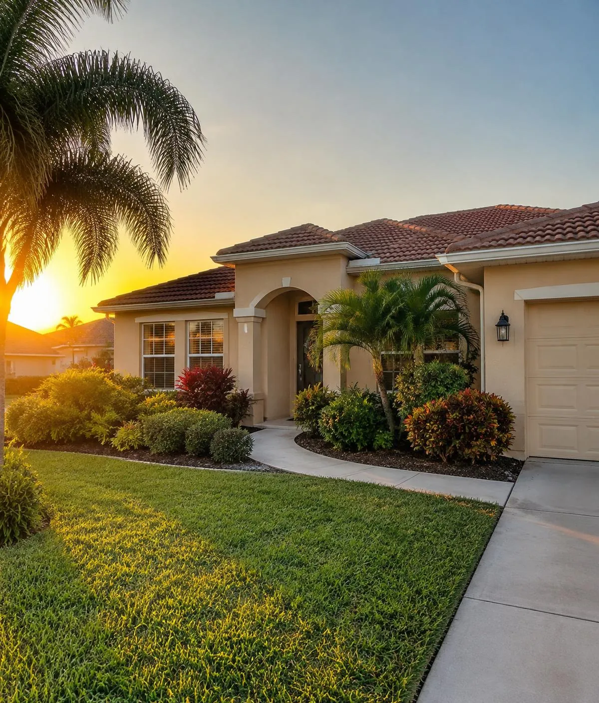 Florida ranch-style stucco home with tropical landscaping