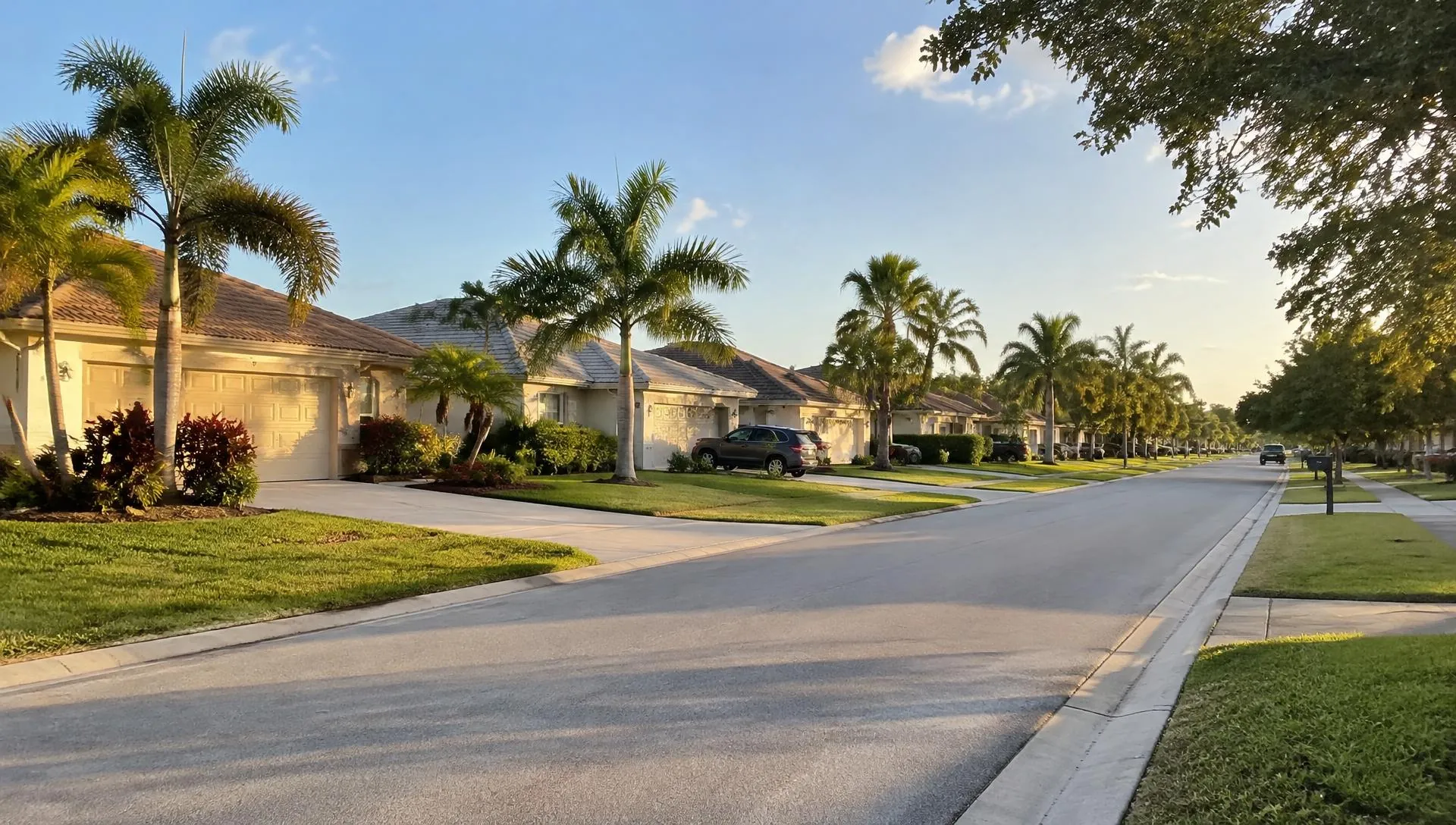 Typical single-family stucco homes on a palm-lined residential street in Southwest Florida